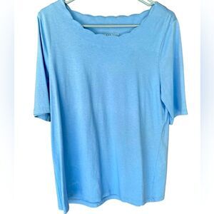Talbots Women's 100% Pima Cotton Blue Short Sleeve Top w/ Scallop Neckline-Large